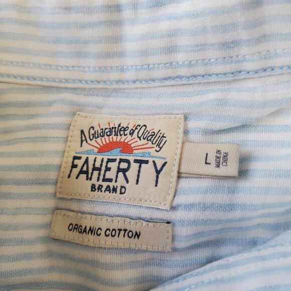 Faherty Shirt Mens Large Blue Striped Short Sleeve Button Down Organic Cotton - Picture 3 of 9